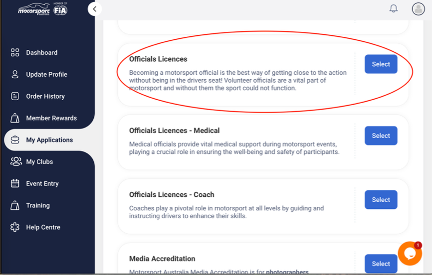 Licence selection screen